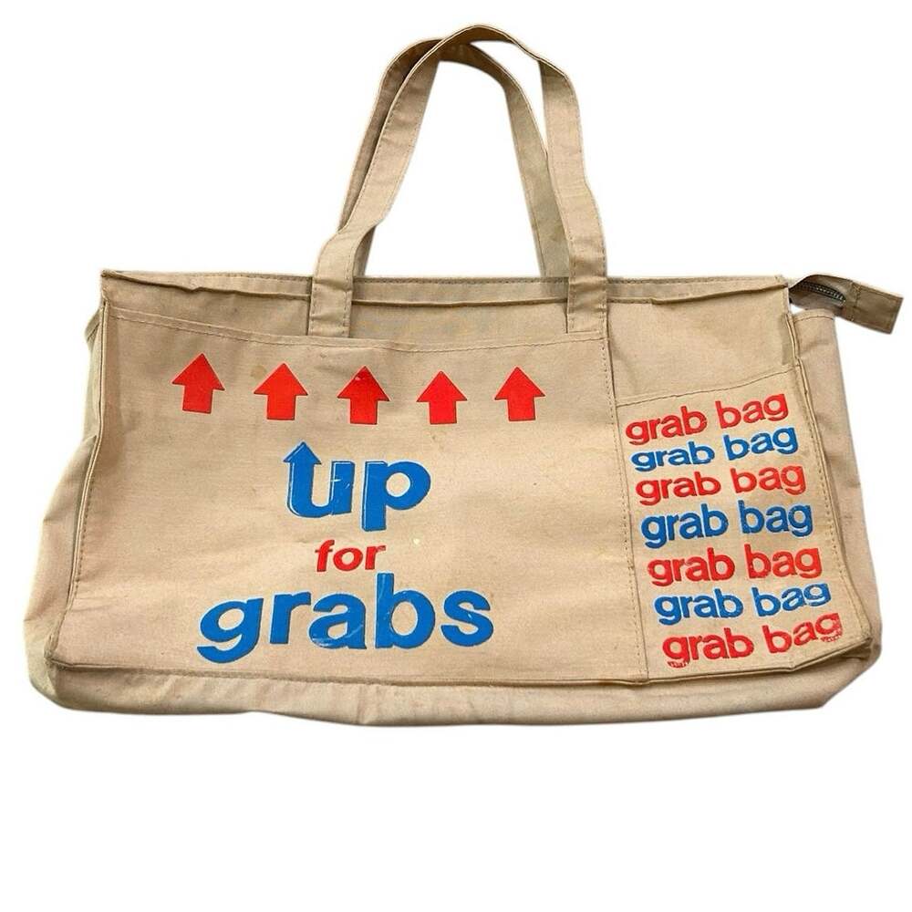 Vintage 1970s Tan Canvas Novelty Tote Purse Retro Graphic Market Shopper -